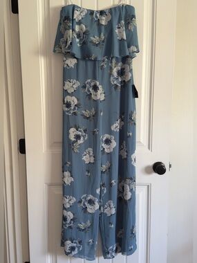 Lulus Blue Floral Strapless Wide Leg Jumpsuit Womens Large Summer Wedding